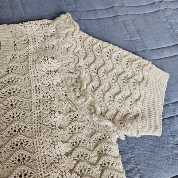 Kachel Anthropologie Shimmer Crochet  Sweater Tee Ivory Size M - Picture 5 of 11